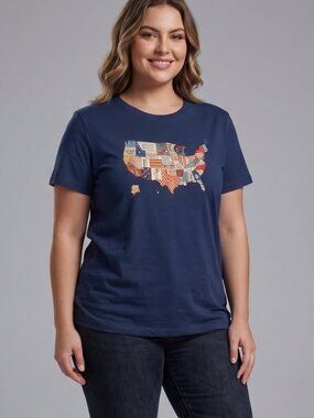 NWOT | Navy Blue USA Patchwork Map Graphic T-Shirt Inspirational | XL